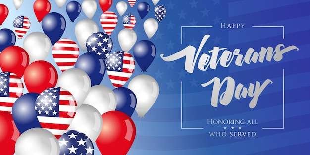 Vector happy veterans day usa wenskaart concept. het vieren van 11 november 3d-ballonnen die in de lucht vliegen.