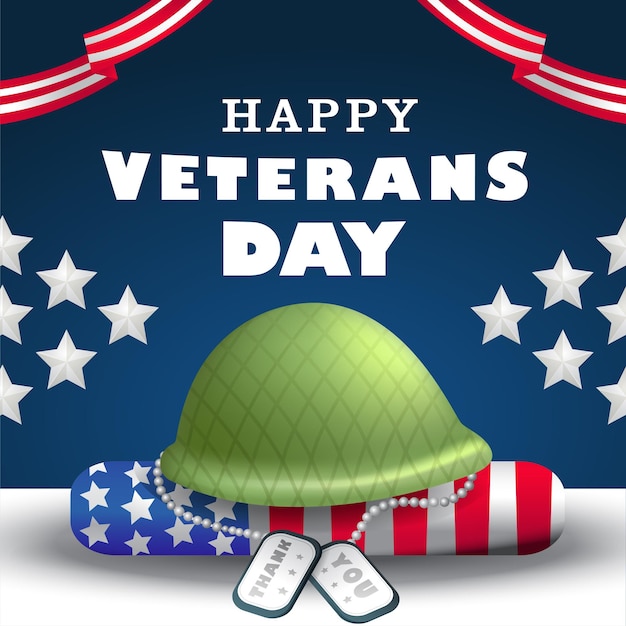 Vettore casco e collana del veterano di happy veterans day sulla bandiera