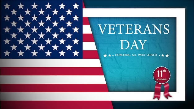 Happy veterans day web banner con la bandiera americana e il muro commemorativo sullo sfondo la bandiera americana sventola nel vento vector