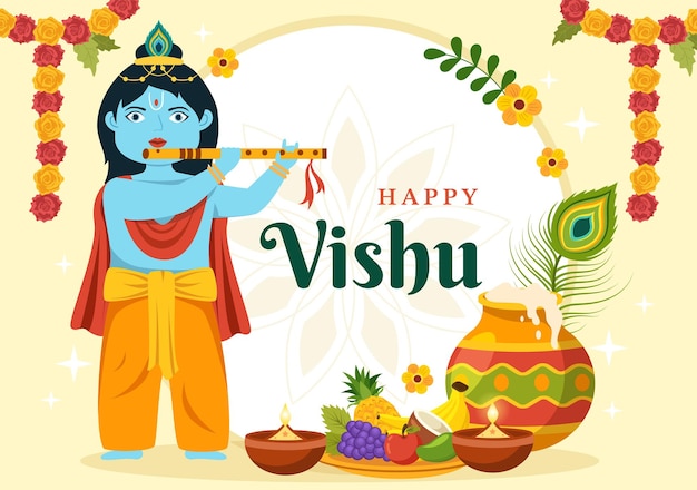 Happy Vishu Festival illustratie met fruit en groenten in platte cartoon handgetekende sjablonen