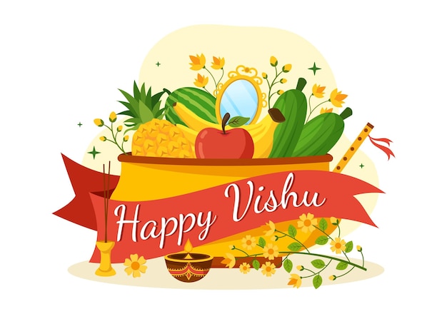 Happy vishu festival иллюстрация с фруктами и овощами в плоских мультяшных рисованных шаблонах