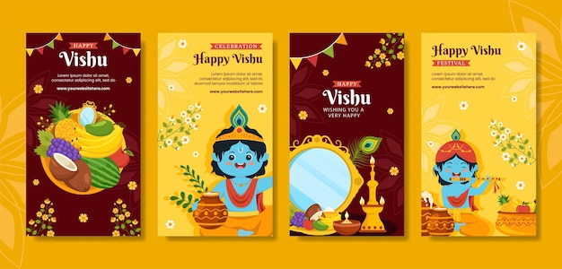 Happy Vishu Festival Social Media Stories Cartoon Handgetekende sjablonen Achtergrond Illustratie