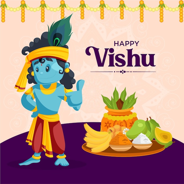 Saluti felici di vishu con l'illustrazione di krishna