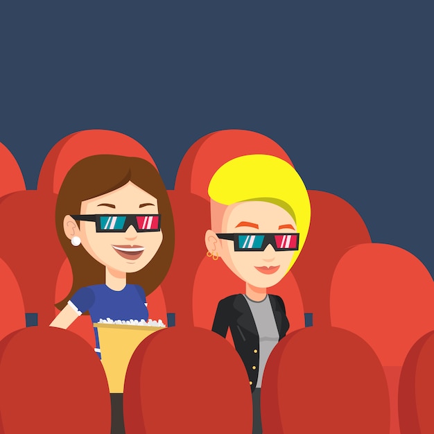 Vector happy vrienden kijken naar 3d-film in het theater.