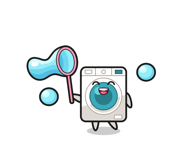 Happy washing machine cartoon playing soap bubble