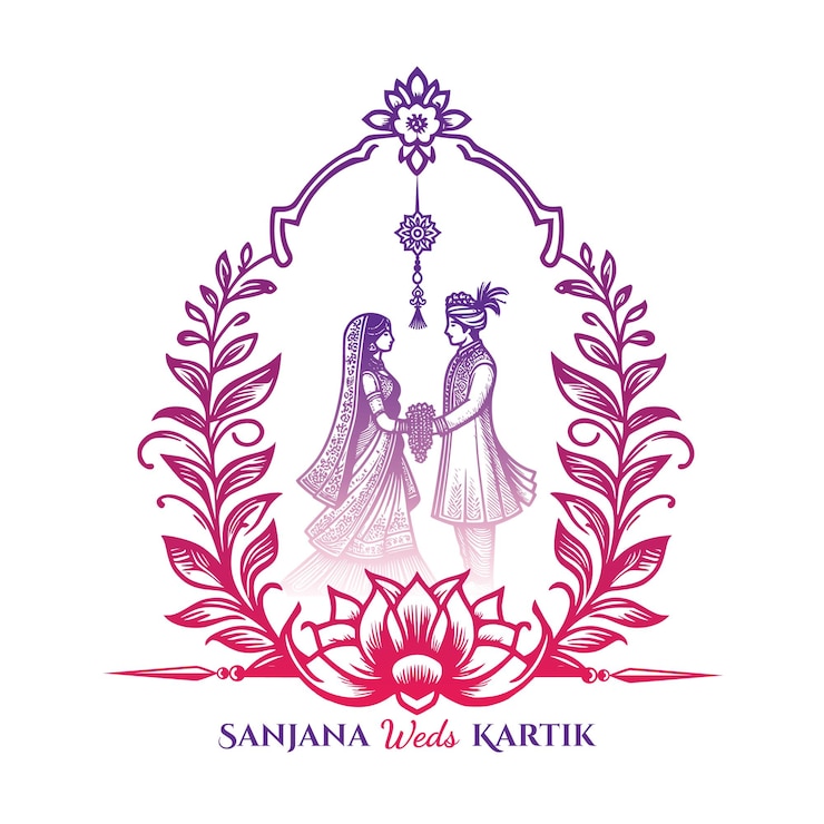 वेक्टर happy wedding calligraphy with bride and groom getting married indian wedding clip art