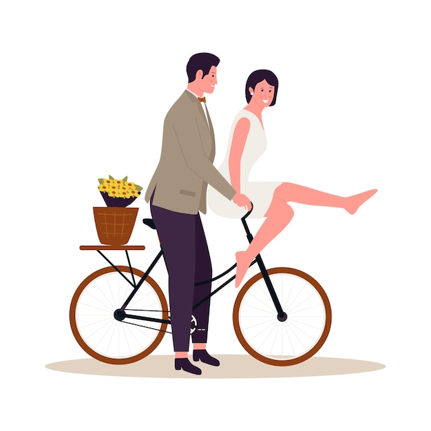 自転車に乗って幸せな結婚式のカップル