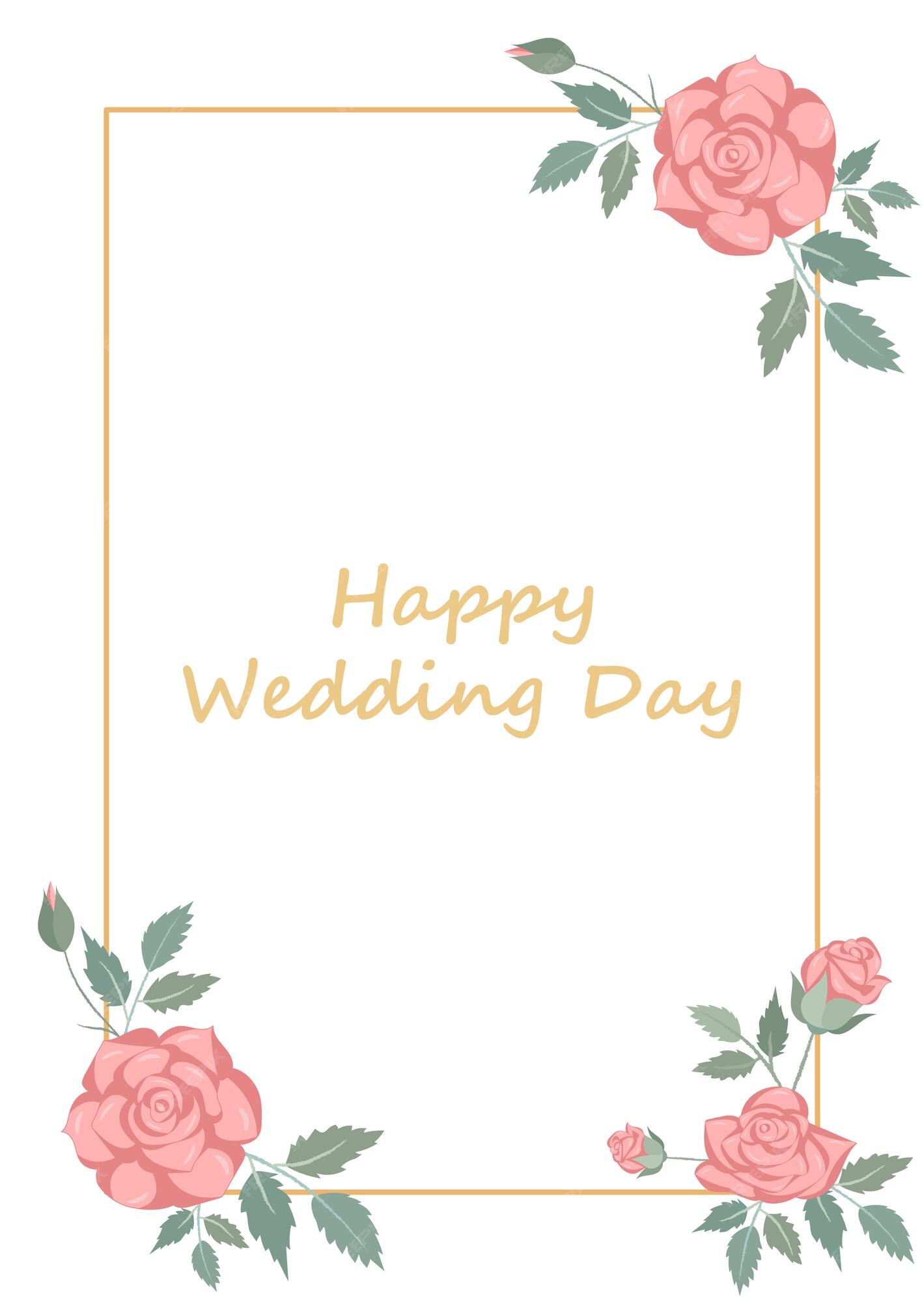 Premium Vector | Happy wedding day card with roses and gold frame