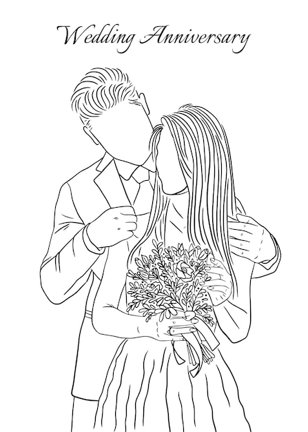 幸せな結婚式の愛のカップルの女性の女の子と夫の線画手描きスタイルのイラスト