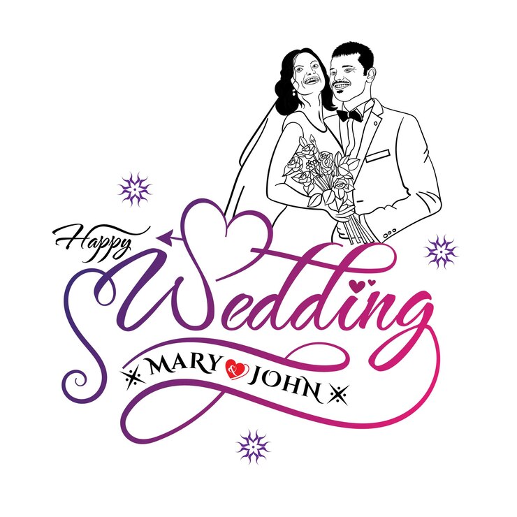 Vector ロマンチックなカップルのイラストと幸せな結婚式のテンプレート