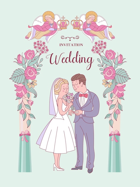 Happy weddings wedding card wedding invitation bride and groom cute vector illustration