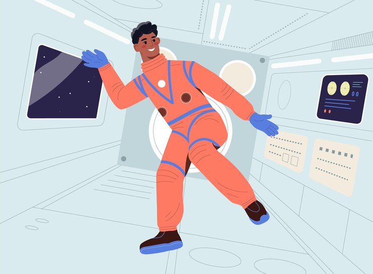 Vector happy weightless male astronaut is floating inside spaceship cabin concept of zero gravity and