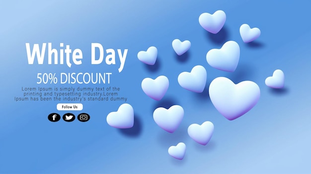 happy white day sale banner vector design realistic balloon hearts and gifts on blue rhombic patter