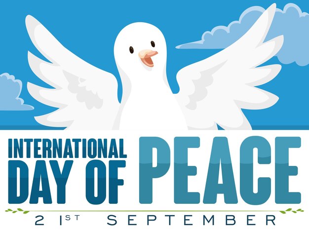 Happy white dove flying in the sky and greeting label to commemorate International Day of Peace