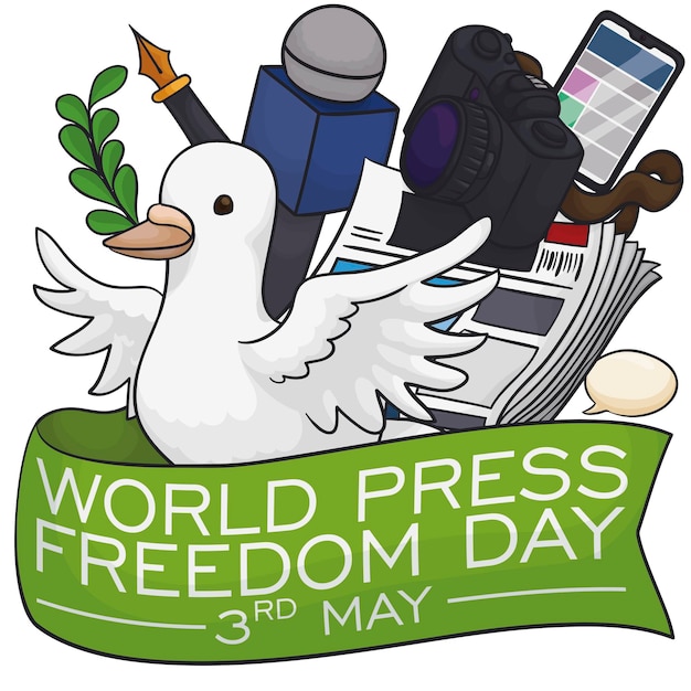 Happy white dove with journalist elements behind green ribbon celebrating World Press Freedom Day