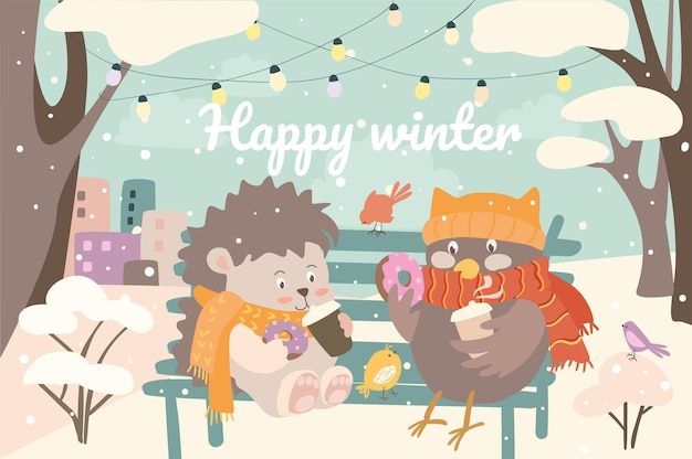 Happy winter animals concept background