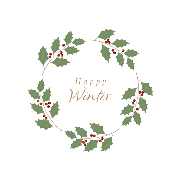 Happy winter card christmas decorative floral wreath with holly berries green white beige red