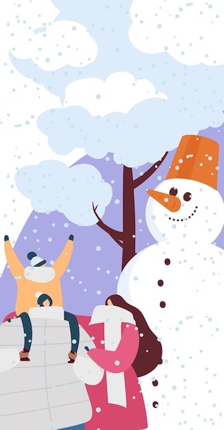 Happy winter holiday celebration merry christmas card vector illustration cartoon people character at snow season card poster