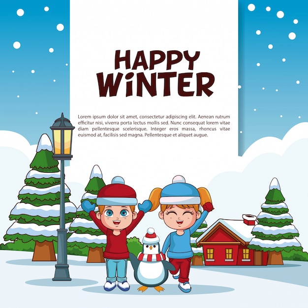 Happy winter poster met schattige kinderen spelen cartoons