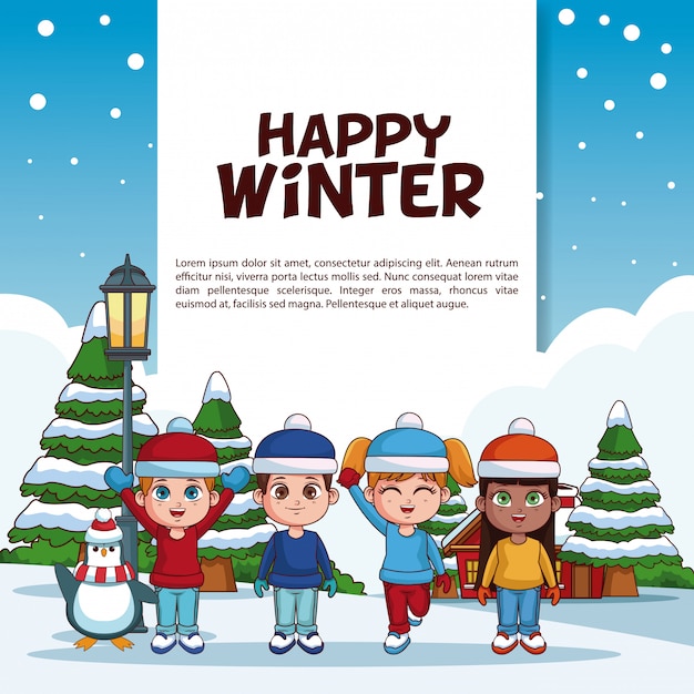 Happy winter poster met schattige kinderen spelen cartoons