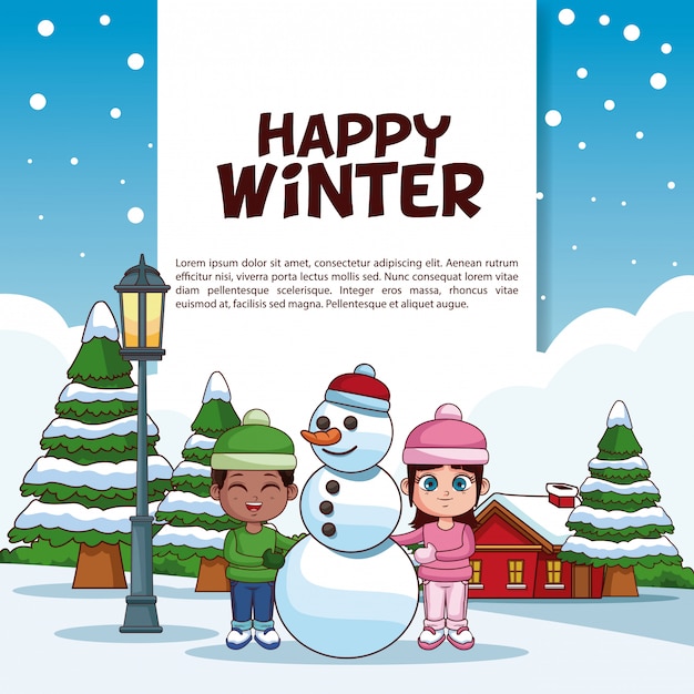Manifesto di inverno felice con i bambini carini che giocano i cartoni animati