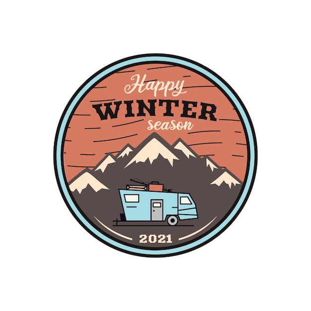 幸せな冬の季節のロゴ、山とRVトレーラーとレトロなキャンプの冒険のエンブレム。