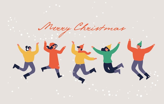 Vector happy winter vacation. warmly dressed people are jumping. merry christmas holiday. vector illustration in a flat style.