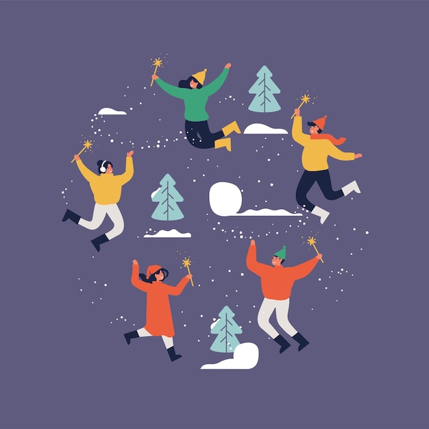 Happy winter vacation warmly dressed people are jumping with sparkles merry christmas holiday vector illustration in a flat style
