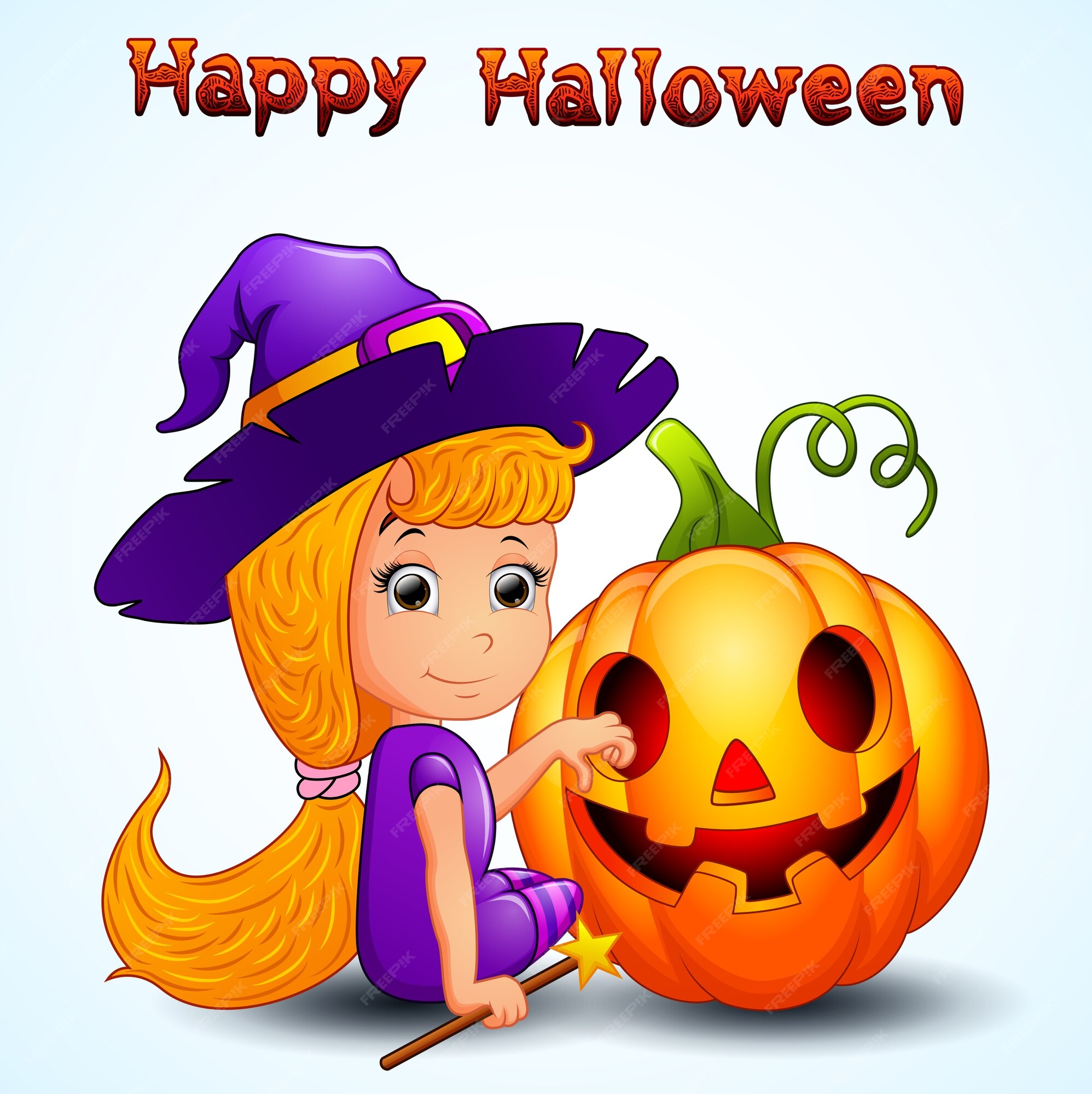 Premium Vector | Happy witch and pumpkin cartoon