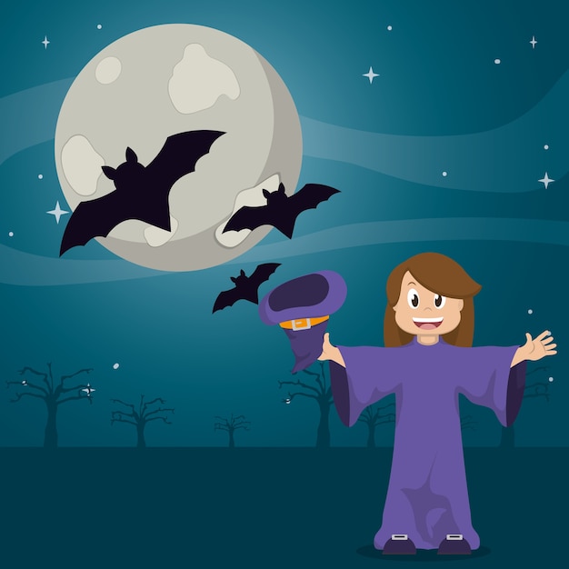 Happy witch with hat and bats near of the moon