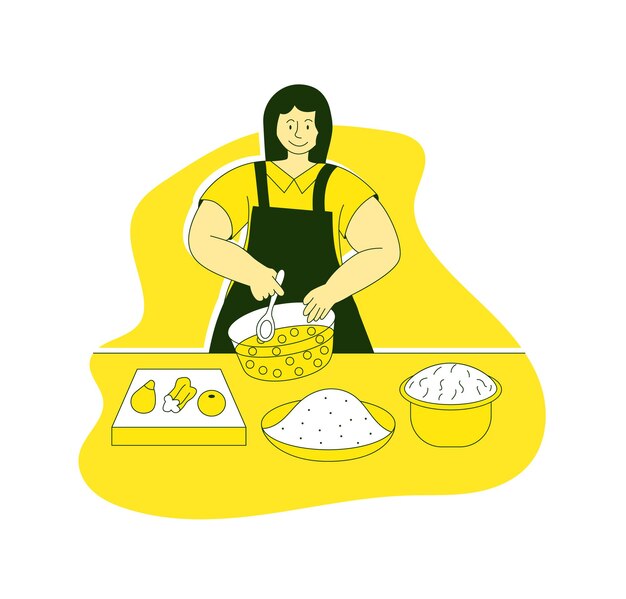 Vector happy woman in apron cooking lunch at home kitchen