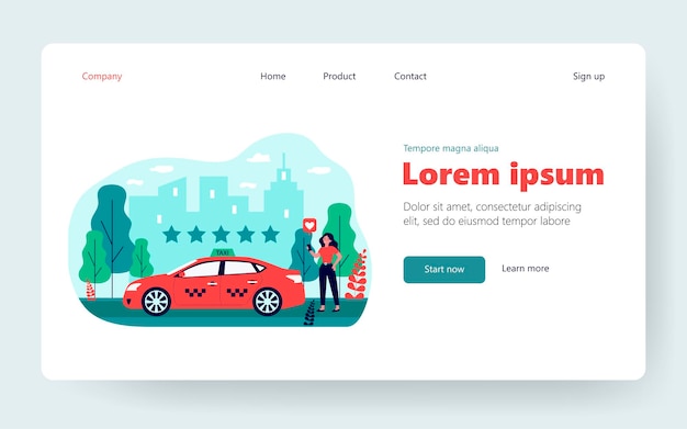 Vettore donna felice che valuta il servizio taxi in app. auto, stella, illustrazione vettoriale piatto di valutazione. trasporto e concetto di stile di vita urbano per banner, design di siti web o pagine web di destinazione