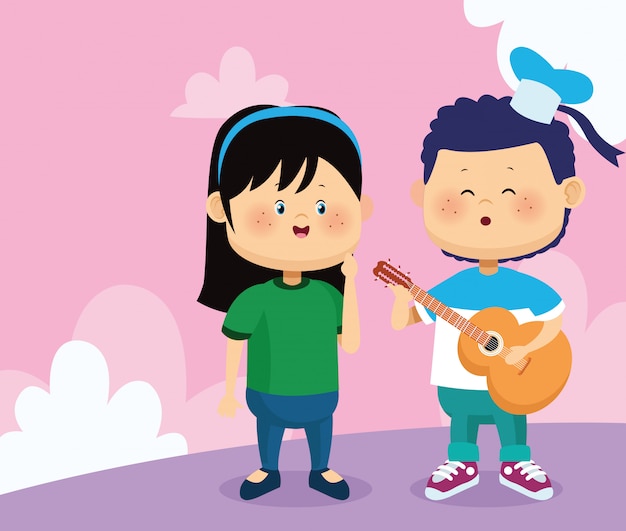 Vector happy woman and boy singing and playing guitar