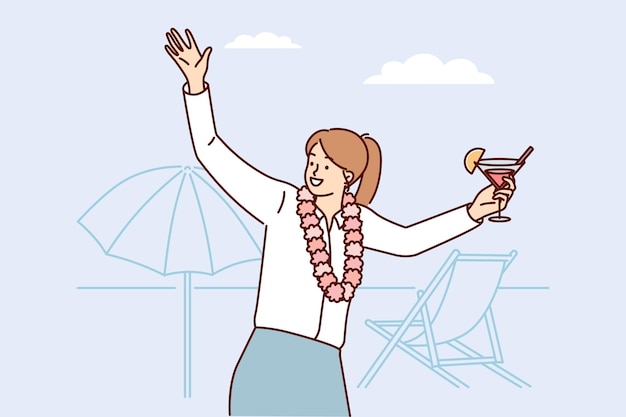 Happy woman in business clothes stands on beach with cocktail in hands dances at beach party