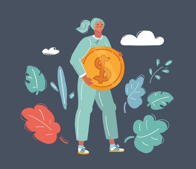 Vector happy woman carries a big coin