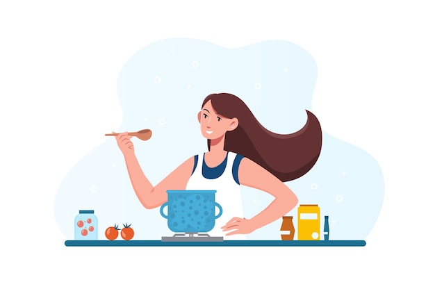 Счастливая женщина готовит диетический вегетарианский суп на кухне женщина готовит здоровую пищу смешивание