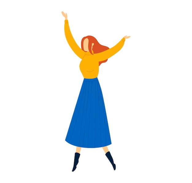 행복 한 여자는 파란색 치마와 노란색 상의를 입고 기쁨을 축하하며 즐겁게 여성 캐릭터를 춤추고 있습니다.