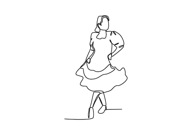 Счастливая женщина танцует в платье Fiestas patrias чили