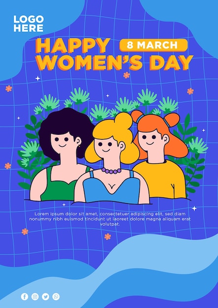 Happy woman day poster with 3 character cute girl blue background