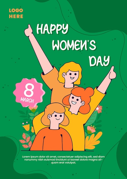 Happy woman day poster with cute girl illustration