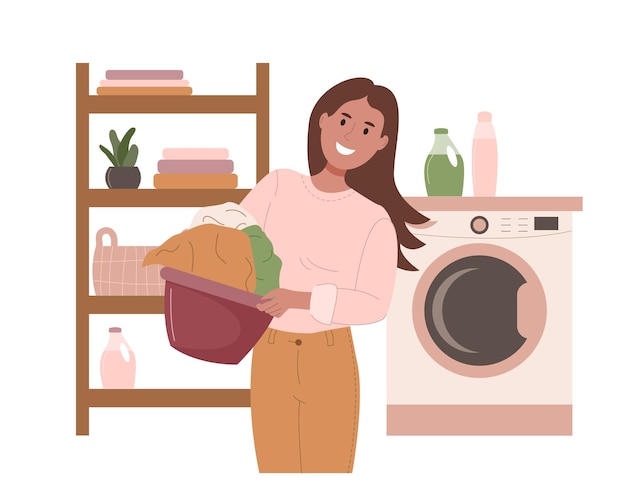 happy woman doing laundry in bathroom young person holds a basket with clean washed clothes vector