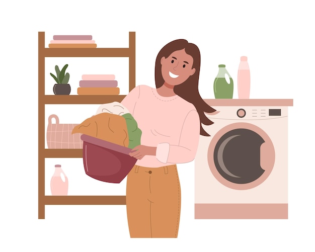 Happy woman doing laundry in bathroom young person holds a basket with clean washed clothes vector