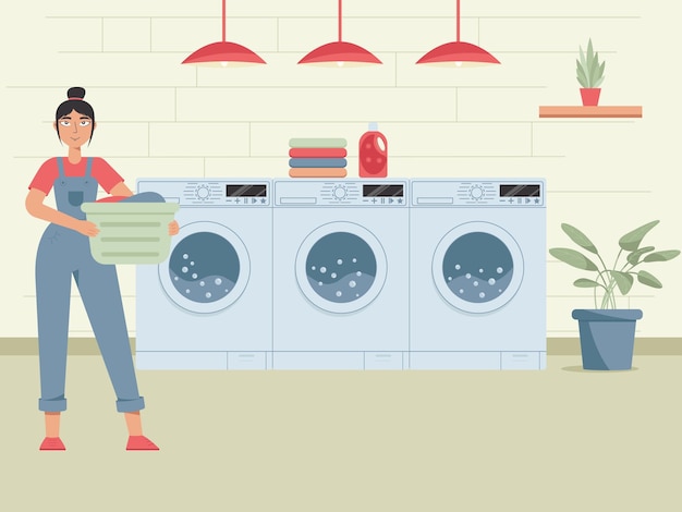 Happy woman doing laundry woman holding backet housework laundry service washing clothes