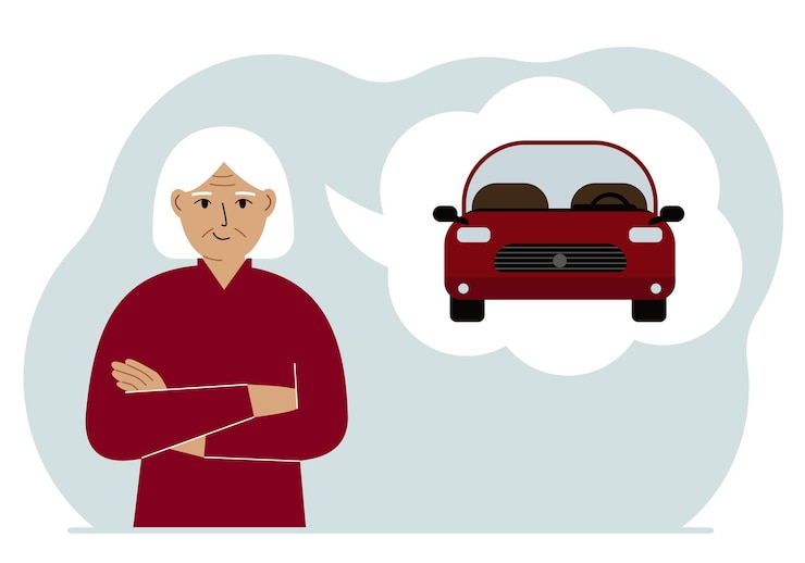 Vector happy woman dreams of a car near the woman is a large balloon with a red car the concept of place purchase credit thought