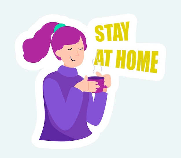 Vector happy woman drinking hot tea or coffee stay at home