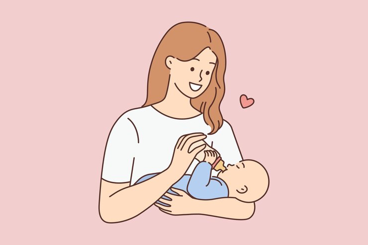 아기에게 먹이를 주는 행복한 여자