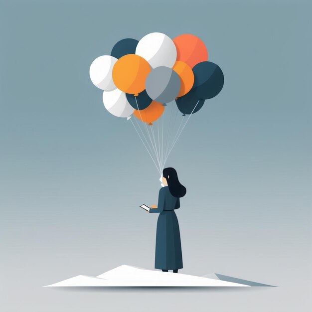 Vector happy woman flying balloons happy woman flying balloons happy woman with smartphone flying in a