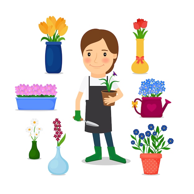 Happy woman gardening icons