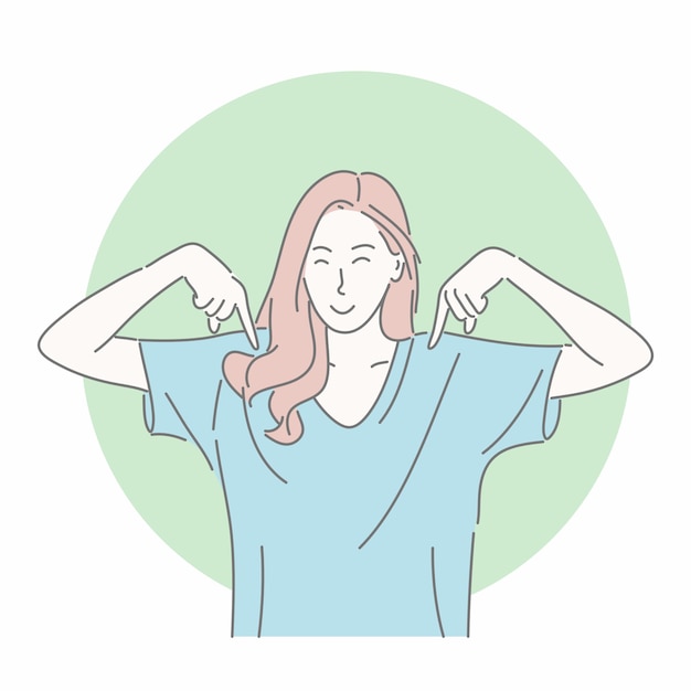 Vector happy woman gesturing with pointing down in hand drawn