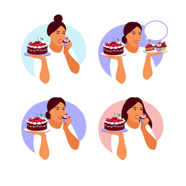 Vector happy woman going to eat delicious cupcake. flat cartoon vector illustration isolated